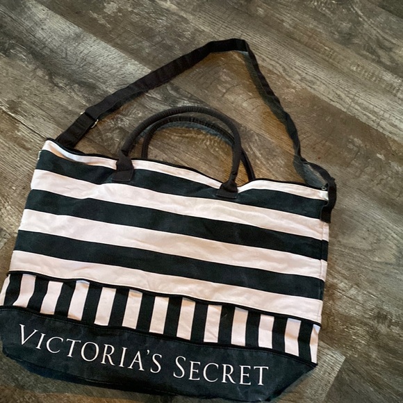 Victoria's Secret Handbags - Victoria's Secret striped expandable shop tote weekend bag overnight pink black